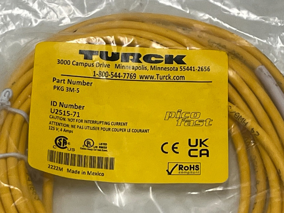 LOT OF 4 TURCK PKG 3M-5 M8 Female Straight 3-Pin Cordset 5 m Yellow U2515-7 NSMP