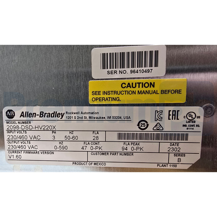 Allen-Bradley 2098-DSD-HV220X /B Ultra 3000i Servo Drive 22kW 480V FW V1.60 NSMP