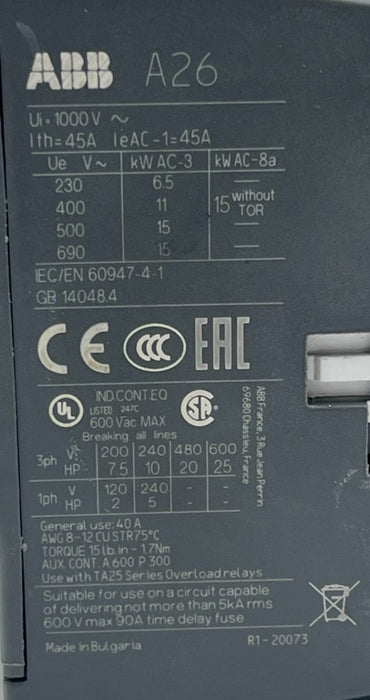 ABB A26-30-10 R84 Contactor 110-120V AC 3-Pole 26A 1 NO Auxiliary, NSNP