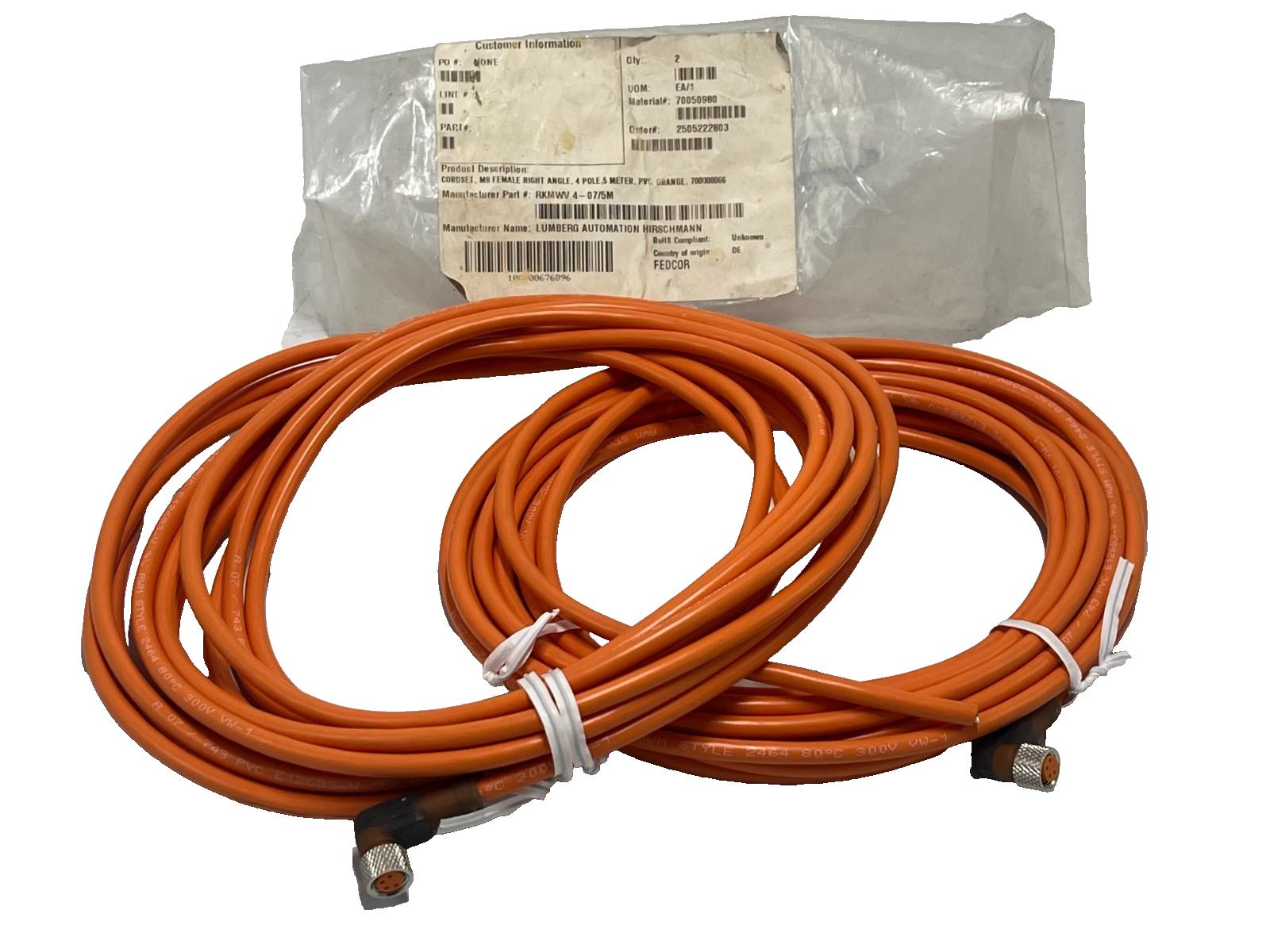 (2)Lumberg Automation RKMWV 4-07/5M M12 Cordset 4Pin Right Angle Female 5m Cable