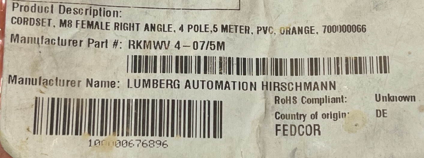 (2)Lumberg Automation RKMWV 4-07/5M M12 Cordset 4Pin Right Angle Female 5m Cable