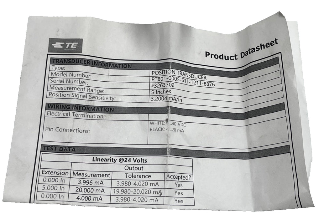 TE CONNECTIVITY PT801-0005-611-1211-8376 POSITION TRANSDUCER 5", 3.2004 mA/ln