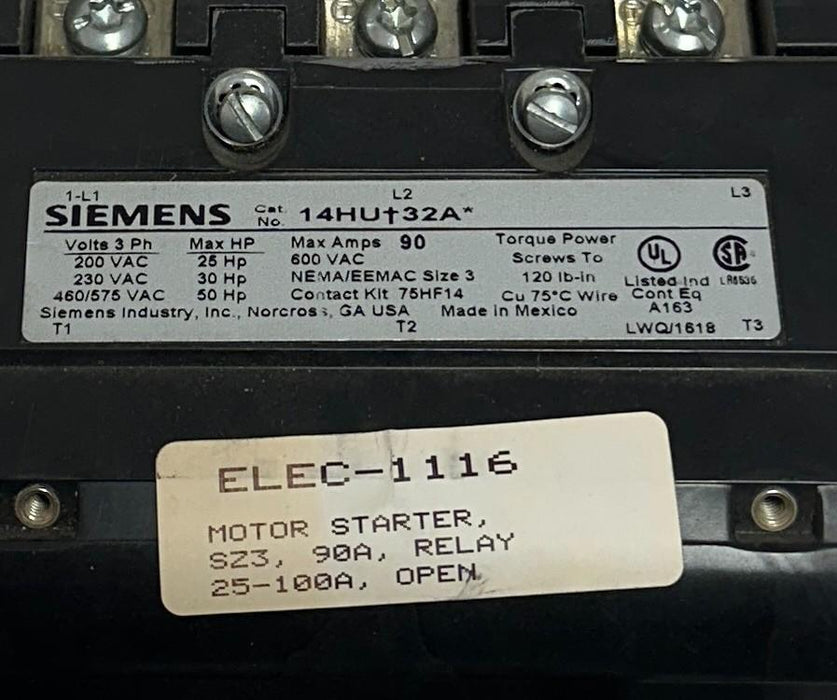 For Parts SIEMENS 14HU+32A / 14HU 32A SIZE 3 MOTOR STARTER 90A 600VAC 3PH *READ