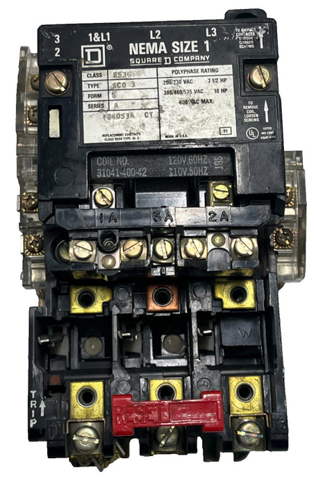 SQUARE D 8536SCO3V02-U Ser. A Magnetic Motor Starter NEMA Size 2 45A 240V Coil