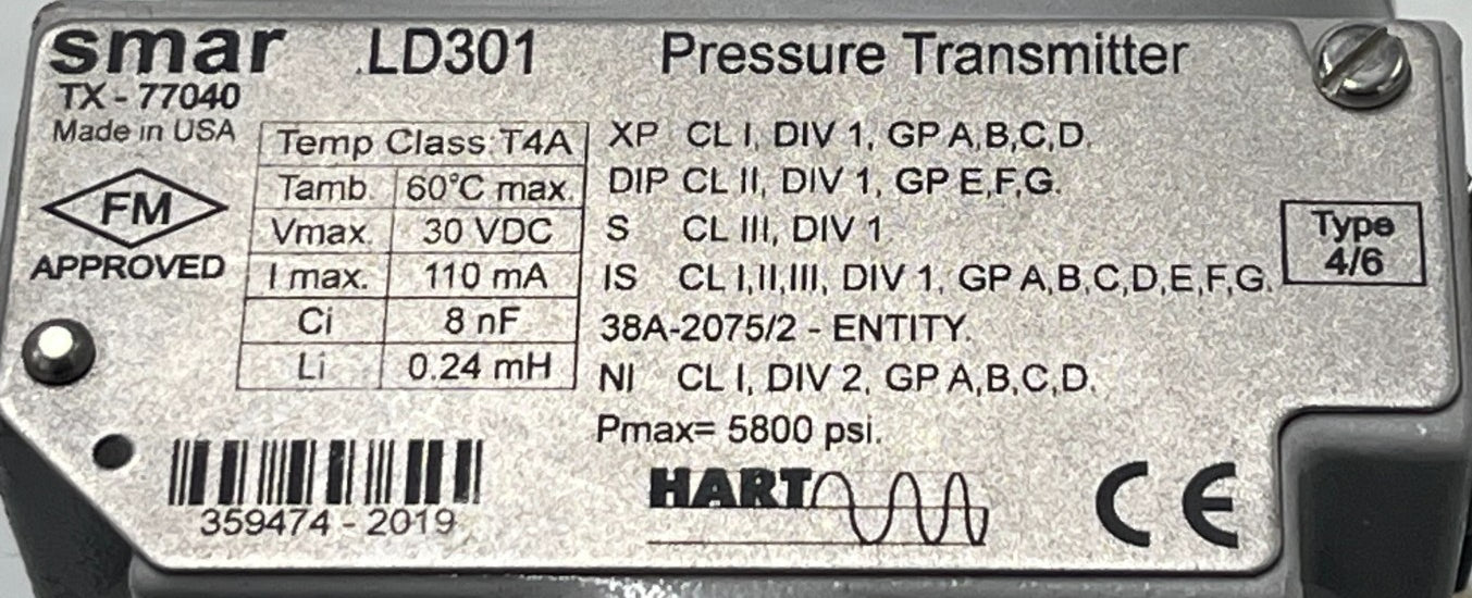 SMAR LD301 PRESSURE TRANSMITTER ASSEMBLY  W/ SENSOR: D1 & MANIFOLD: M-650S6P-VC
