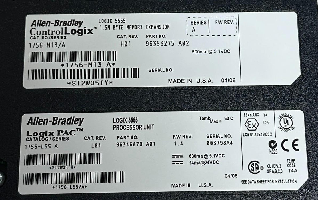 ALLEN BRADLEY 1756-L55 /A ControlLogix PROCESSOR W/ 1756-M13 /A MEMORY 1.5M USNP