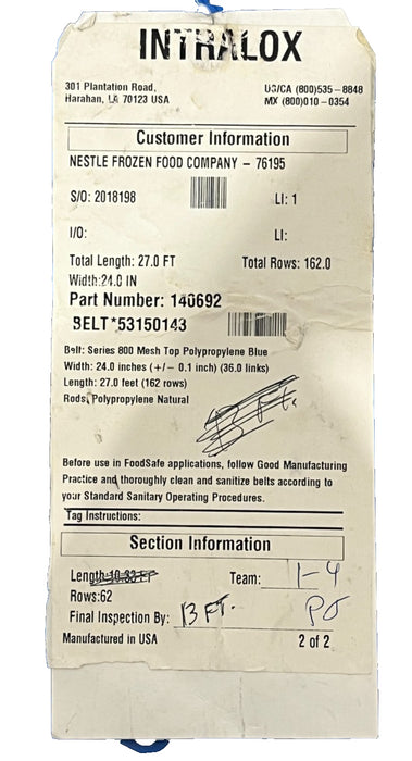 INTRALOX 140692 / 57544813 800 SER. MESH TOP BLUE BELT W=24'' L=27' 36 LINKS