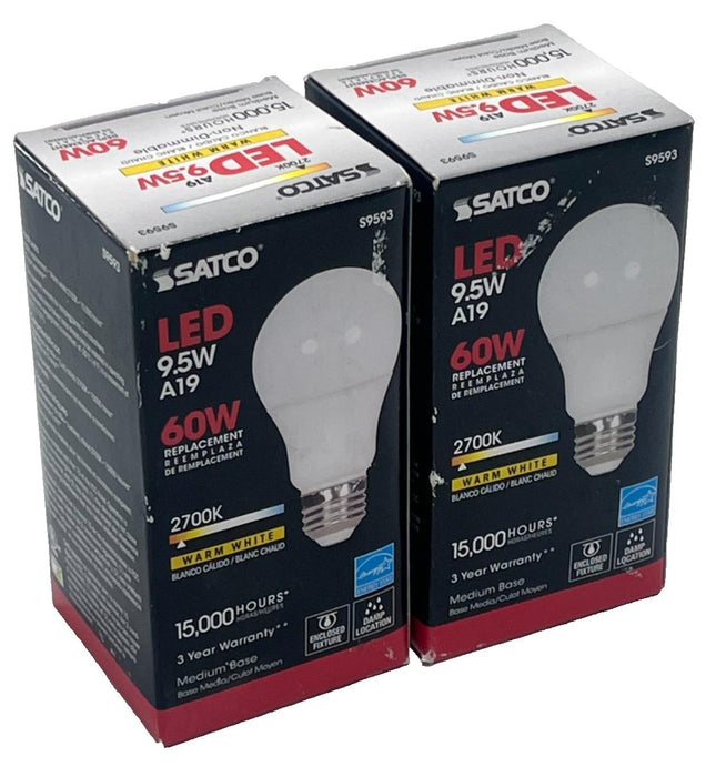 (2) SATCO 9.5W A19 LED Bulbs S9593 60W Replacement 2700K Warm White Non-Dimmable