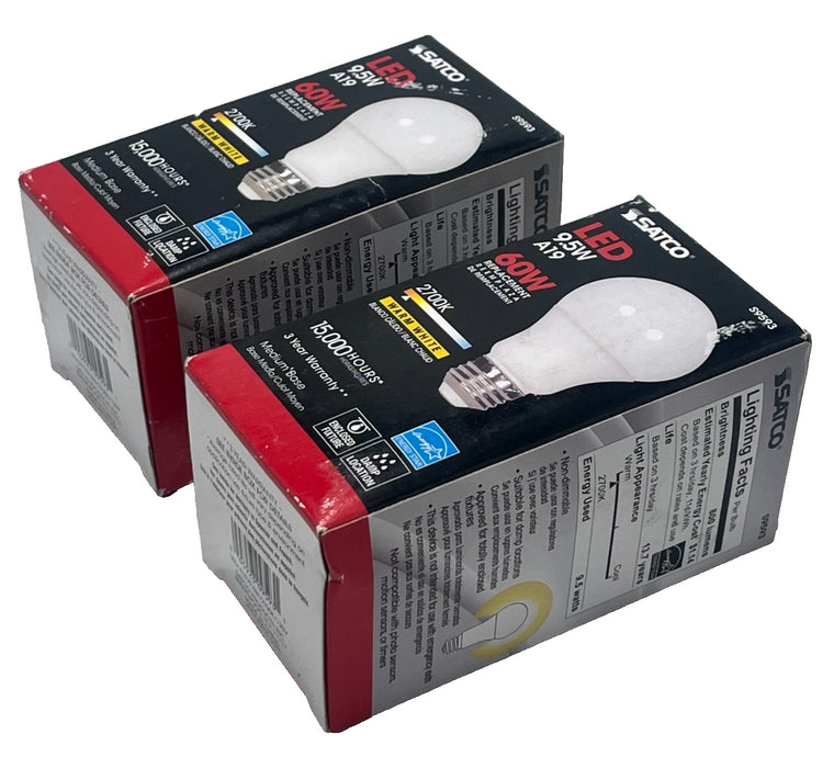 (2) SATCO 9.5W A19 LED Bulbs S9593 60W Replacement 2700K Warm White Non-Dimmable