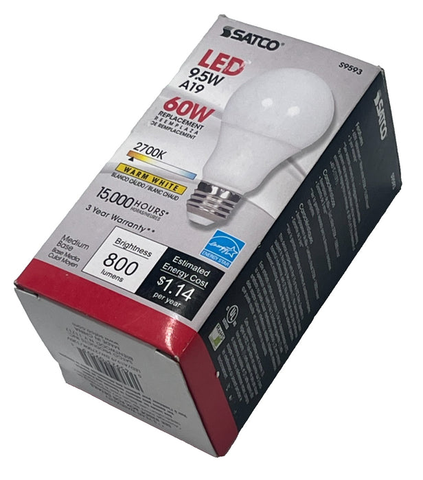 (2) SATCO 9.5W A19 LED Bulbs S9593 60W Replacement 2700K Warm White Non-Dimmable