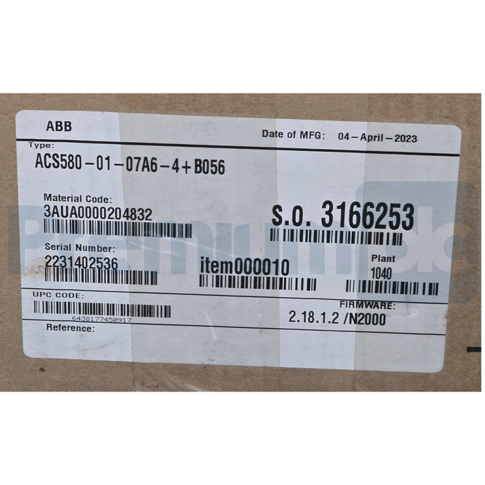 ABB ACS580-01-07A6-4+B056 LV AC Drive 3AUA0000204832 480V 3HP/5HP 7.6A NSMP