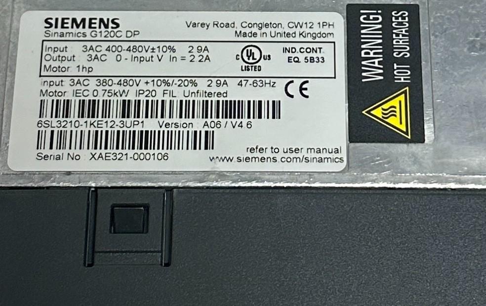 SIEMENS 6SL3210-1KE12-3UP1 / 6SL32101KE123UP1 SINAMICS G120C DP DRIVE 1HP NSMP