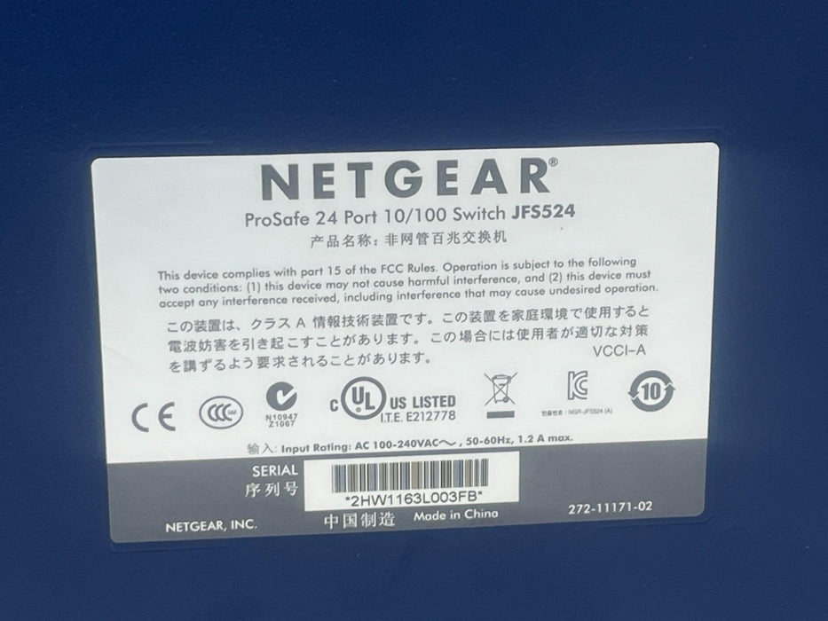 NETGEAR JFS524 ProSafe 24-Port 10/100 Mbps Fast Ethernet Switch Rackmount, NSNP