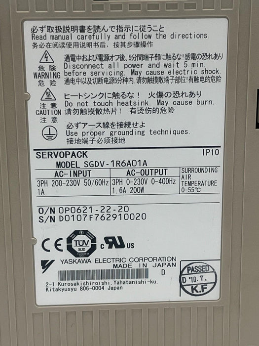 YASKAWA SGDV-1R6A01A Servopack Servo Drive Amplifier 0.4kW 400W Sigma V Series