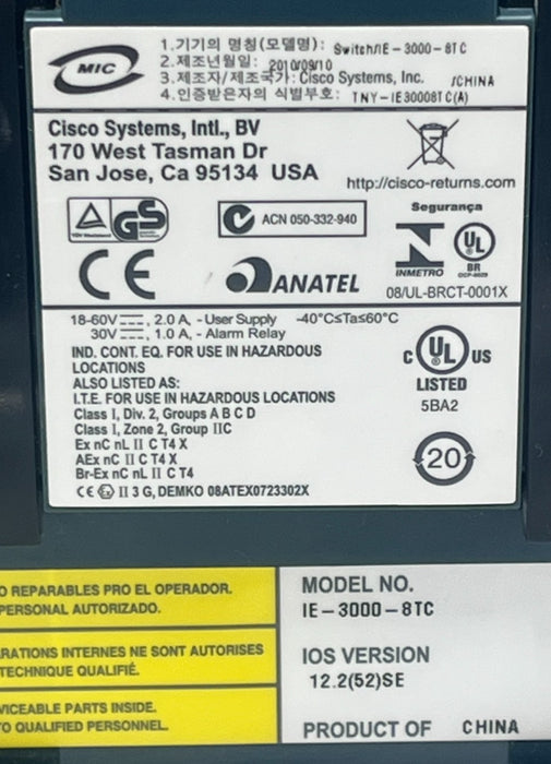 CISCO IE-3000-8TC 8-Port 10/100 Indust. Ethernet Switch Managed DIN Rail Mount