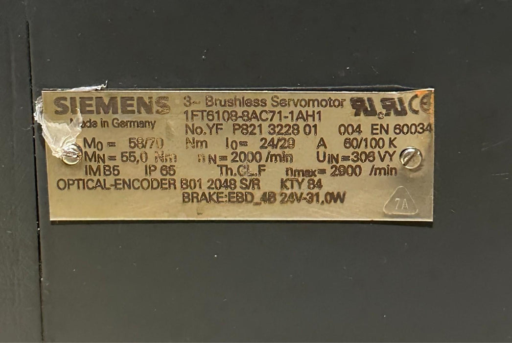 SIEMENS 1FT6108-8AC71-1AH1 SIMOTICS Servo Motor B01 2048 S/R / EBD_4B 24V-31 REP