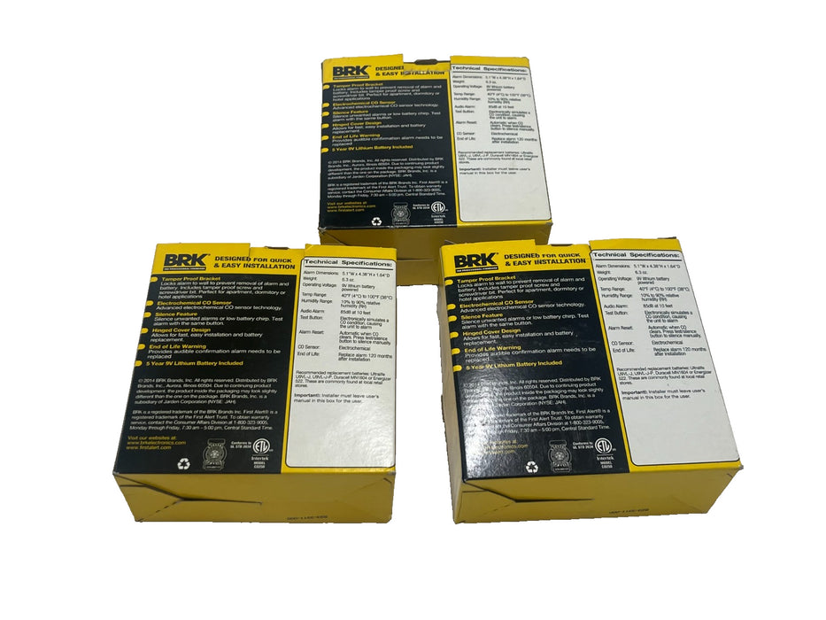 LOT of 3: BRK CO250LBT Carbon Monoxide Alarm 5yr Lithium Battery Tamper-Proof UL