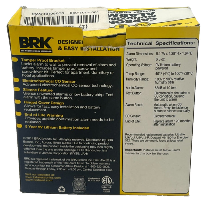 LOT of 3: BRK CO250LBT Carbon Monoxide Alarm 5yr Lithium Battery Tamper-Proof UL
