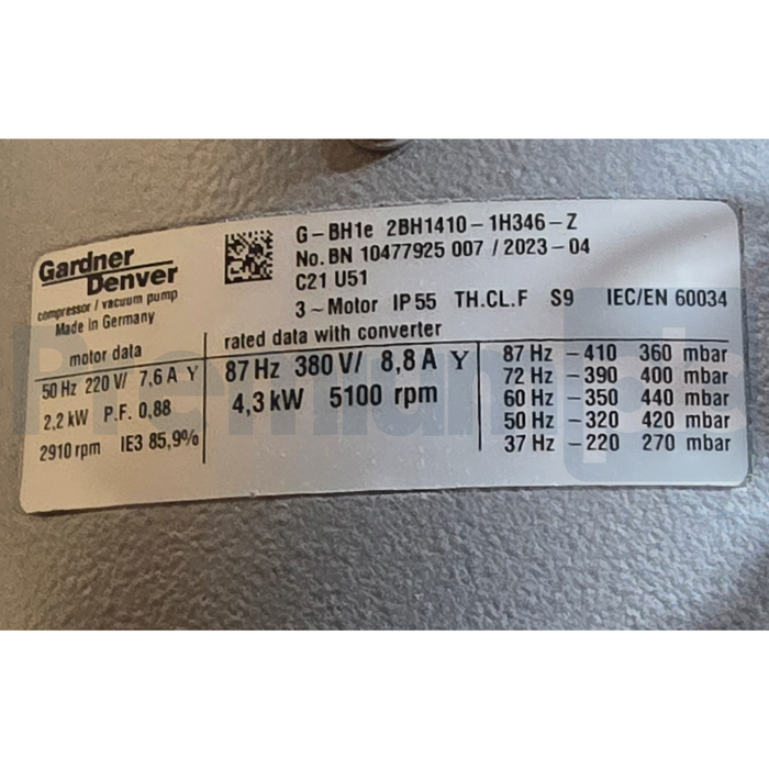Gardner Denver Elmo G-BH1e 2BH1410-1H346-Z Side Channel Blower 4.3kW w/Converter