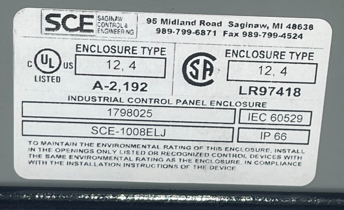SAGINAW CONTROL SCE-1008ELJ Enclosure 10x8x4 NEMA 3R 4 12 13 Steel J-Box Gray
