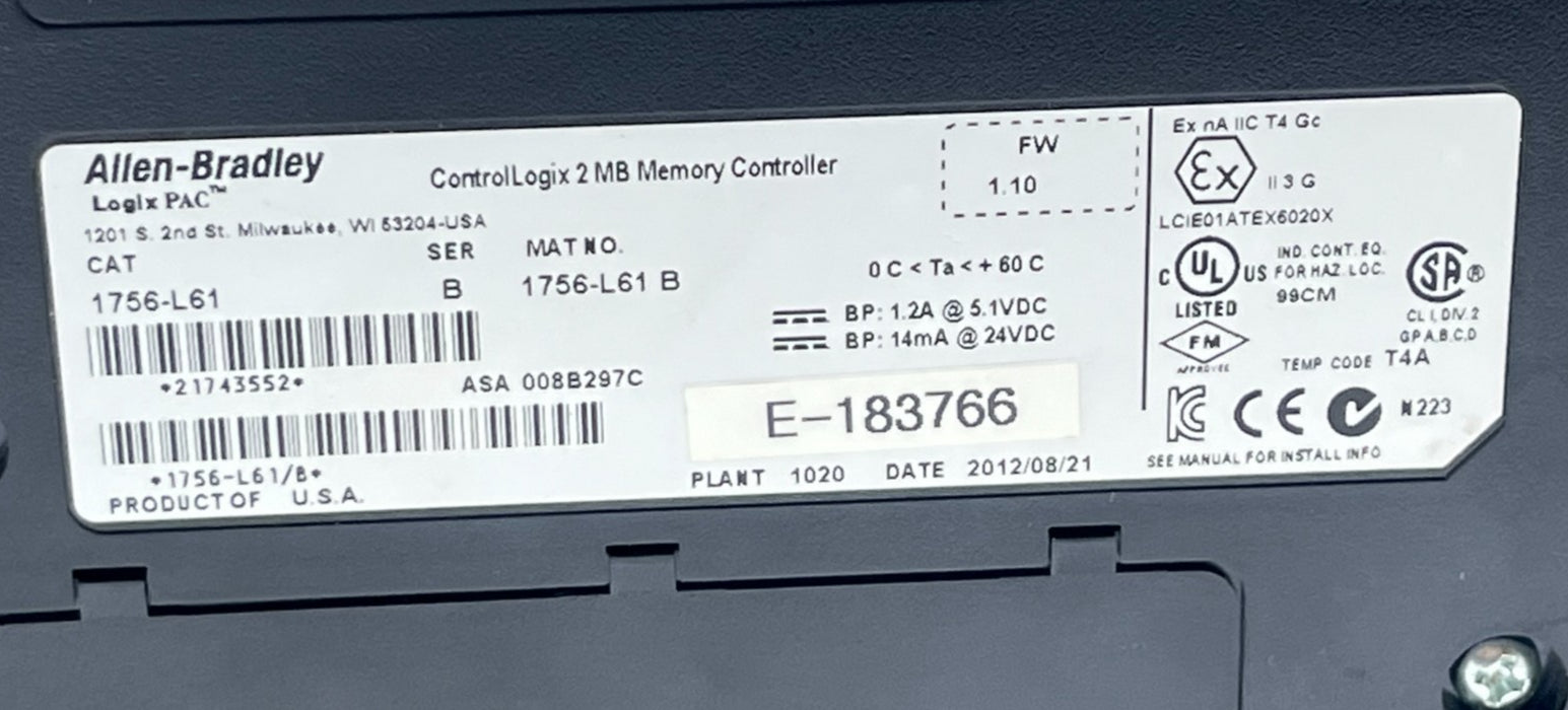 ALLEN BRADLEY 1756-L61 SER B ControlLogix Logix5561 Processor CPU 2MB Memory AB