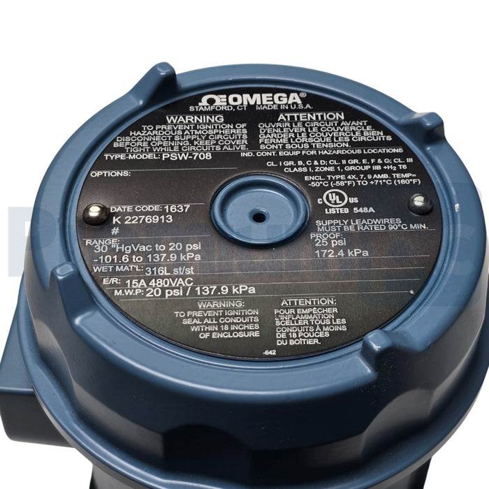 Omega PSW-708 Pressure Switch  Dual Set Point 15A SPDT 30inHg VAC to 20psi NSMP
