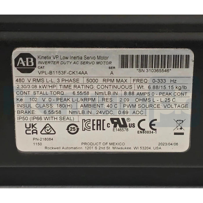 Allen Bradley VPLB1153FCK14AA /A Kinetix VPL Servo Motor 480VAC w/Brake NSMP