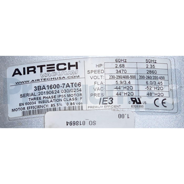 Airtech Vacuum 3BA1600-7AT06 3BA1 Regenerative Blower 235CFM 2.70 HP 3PH 2" NPT