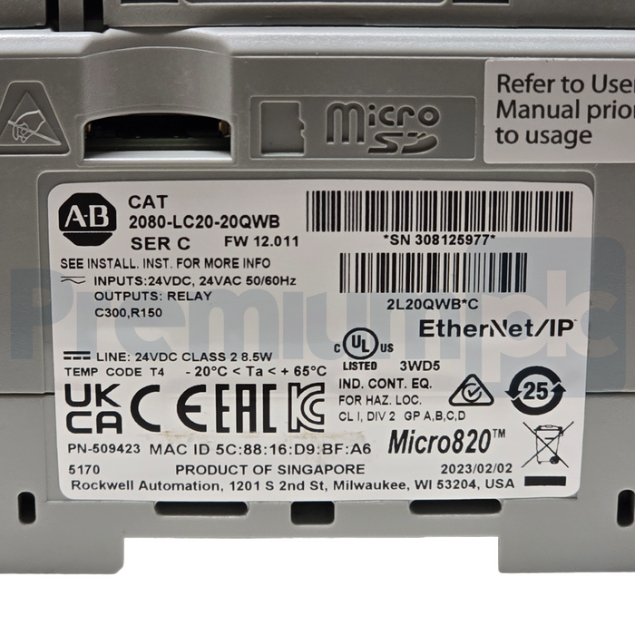 Allen-Bradley 2080-LC20-20QWB /C Micro820 Controller ENet/IP F/W: 12.011 NSNP
