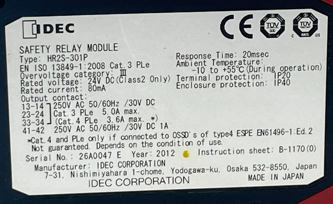 IDEC HR2S-301P Safety Relay Module 24VDC Dual Channel 3 N.O. Safety Outputs HR2S