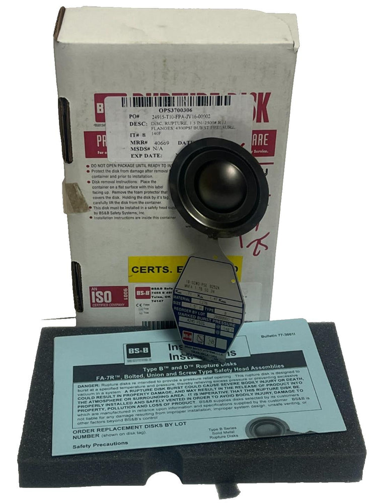 BS&B 1.5" Rupture Disk Type B Hastelloy C276 Burst 4245 PSIG @ 140 F 1.5 Inch
