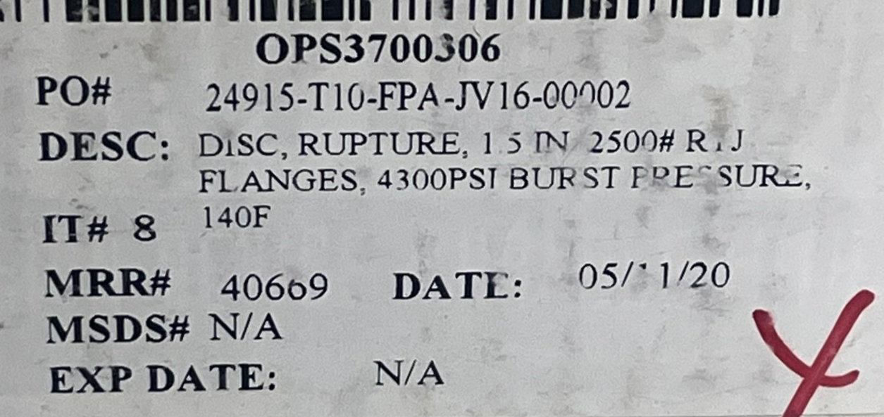 BS&B 1.5" Rupture Disk Type B Hastelloy C276 Burst 4245 PSIG @ 140 F 1.5 Inch