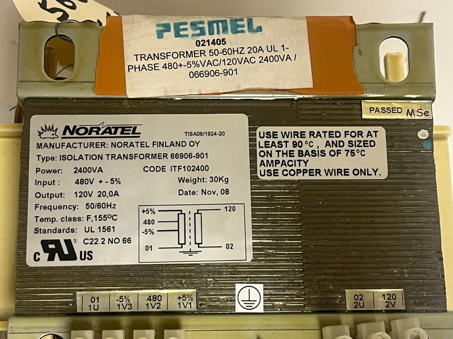 NORATEL 66906-901 Isolation Transformer 2400VA 480V In 120V Out 20A 50/60Hz NSNP