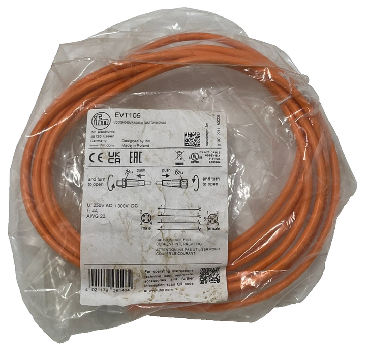 LOT OF 5 IFM EVT105 Connection Cable M12 Straight 3m PVC Orange