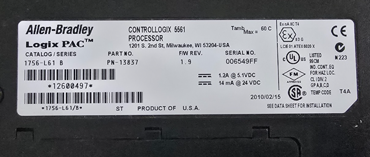 Allen Bradley 1756-L61 /B ControlLogix 5561 Processor 2MB Memory RS-232 NSNP