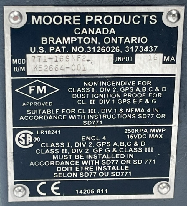 MOORE 771-16SNF2 | 77116SNF2 I/P Transducer 4-20mA Input 3-15 PSI Output XLNT