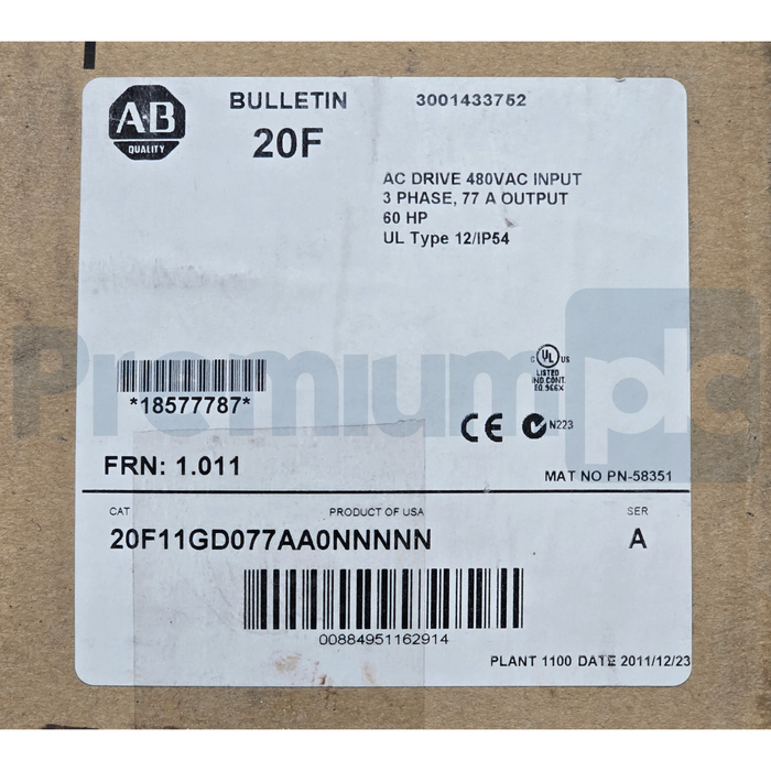 Allen Bradley 20F11GD077AA0NNNNN /A PowerFlex 753 AC Drive 480V 60HP NSMP (read)