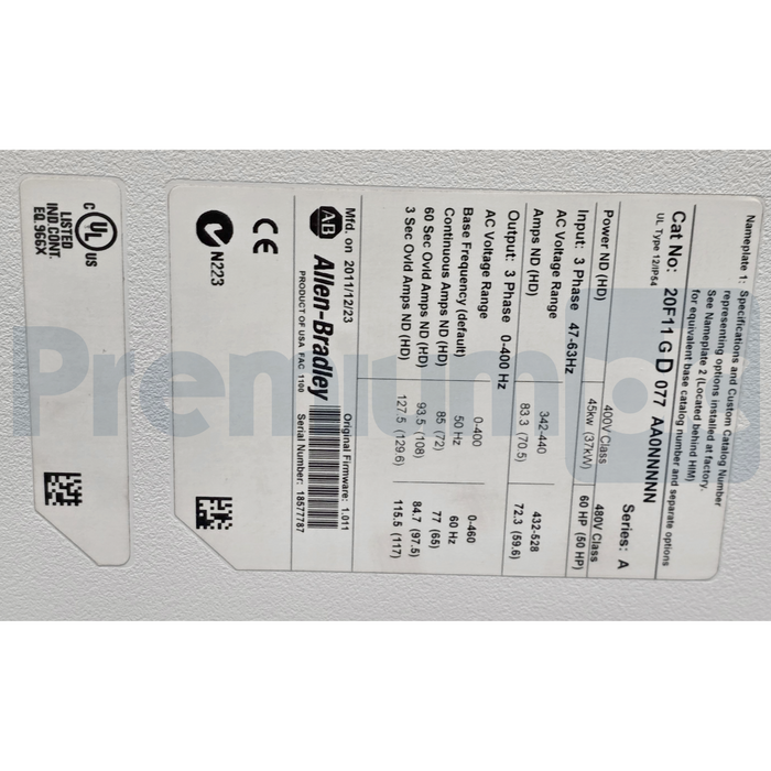 Allen Bradley 20F11GD077AA0NNNNN /A PowerFlex 753 AC Drive 480V 60HP NSMP (read)