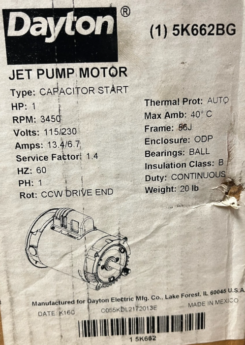 Dayton 5K662BG Jet Pump Motor 1HP 3450RPM 115/230V 56J Frame ODP Single Phase