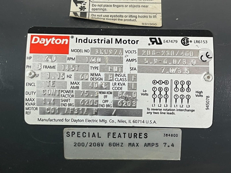 Dayton 3KW97A Industrial Motor 2 HP 1735 RPM 3-Phase 208-230/460V TEFC
