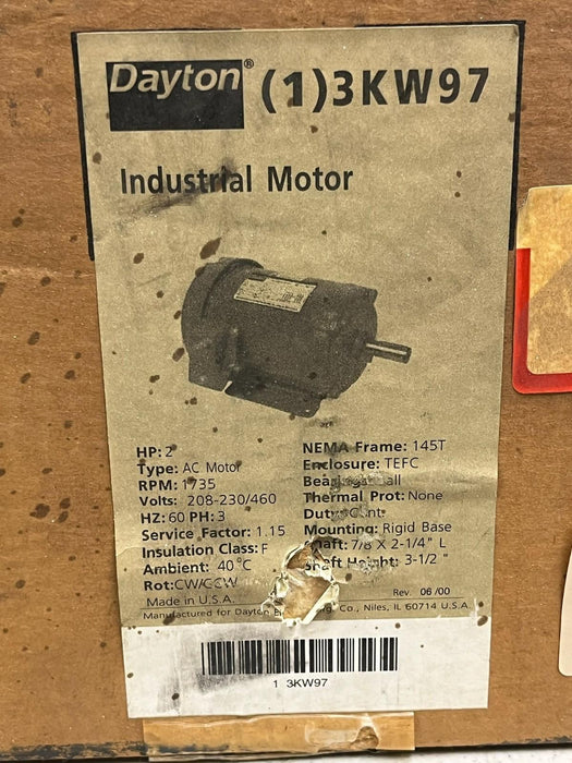 Dayton 3KW97A Industrial Motor 2 HP 1735 RPM 3-Phase 208-230/460V TEFC