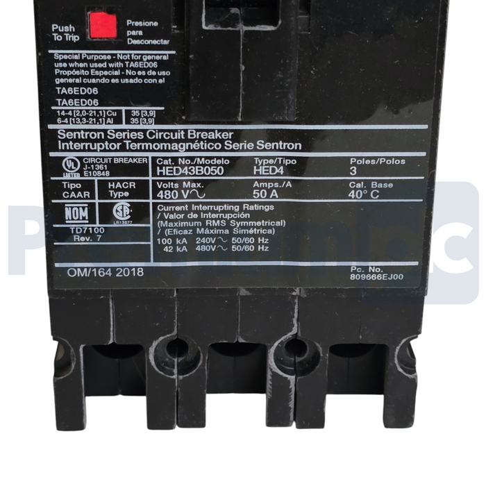 Siemens ITE HED43B050 Sentron ED Frame Circuit Breaker 50A 3-Pole 480V 42kA NSNP