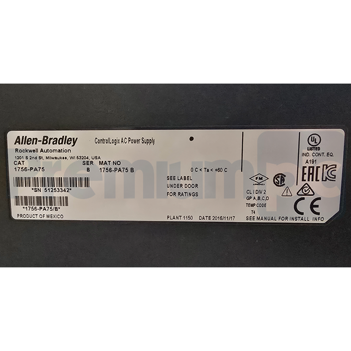 Allen Bradley 1756-PA75 /B ControlLogix AC Chassis Power Supply 85-265V 75W NSMP