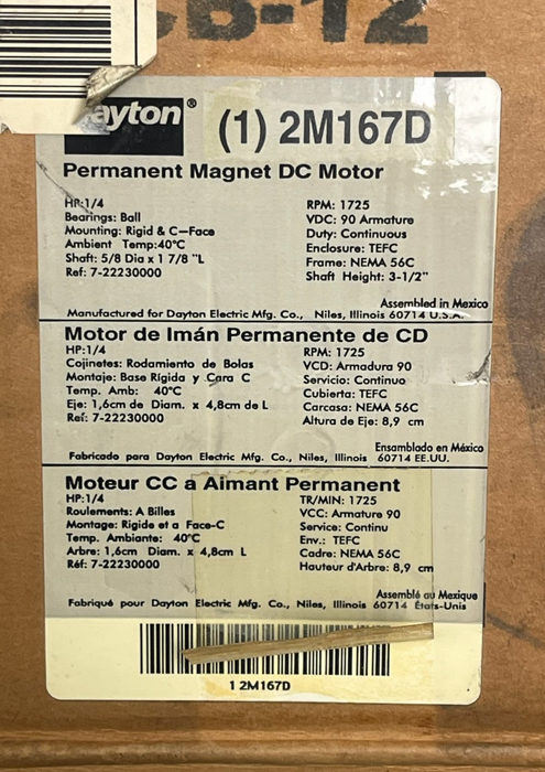 Dayton 2M167D Permanent Magnet DC Motor | 1/4 HP 1725 RPM 90V | 56C TEFC
