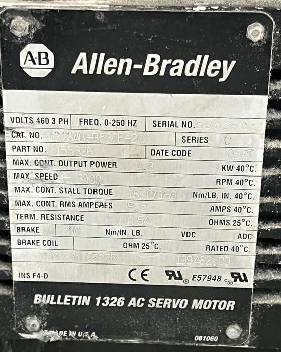 Allen Bradley 1326AB-B530E-21 Servo Motor | 3.2kW | 14.5 Nm | 460V 3500 RPM