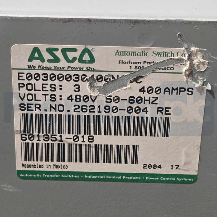 ASCO Series 300 Automatic Transfer Switch (ATS) 400A 480V E00300030400N10C NEW