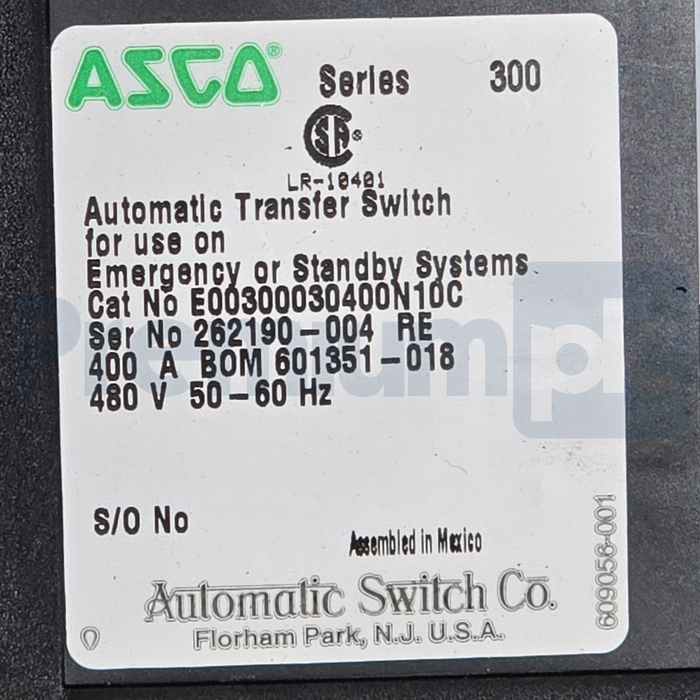 ASCO Series 300 Automatic Transfer Switch (ATS) 400A 480V E00300030400N10C NEW