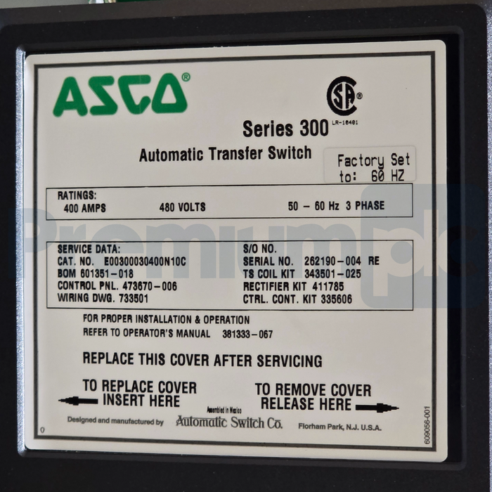 ASCO Series 300 Automatic Transfer Switch (ATS) 400A 480V E00300030400N10C NEW