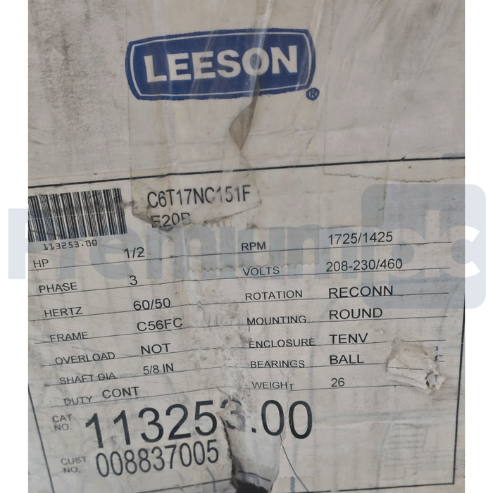 Leeson FIFE 113253.00 Motor 1/2HP 1725RPM 3PH 56C 230/460V TENV C6T17NC151F NEW