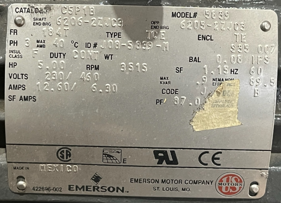 Emerson 5HP AC Motor 3515 RPM 230/460V Frame 184T Type TCE TEFC C5P1B 5839